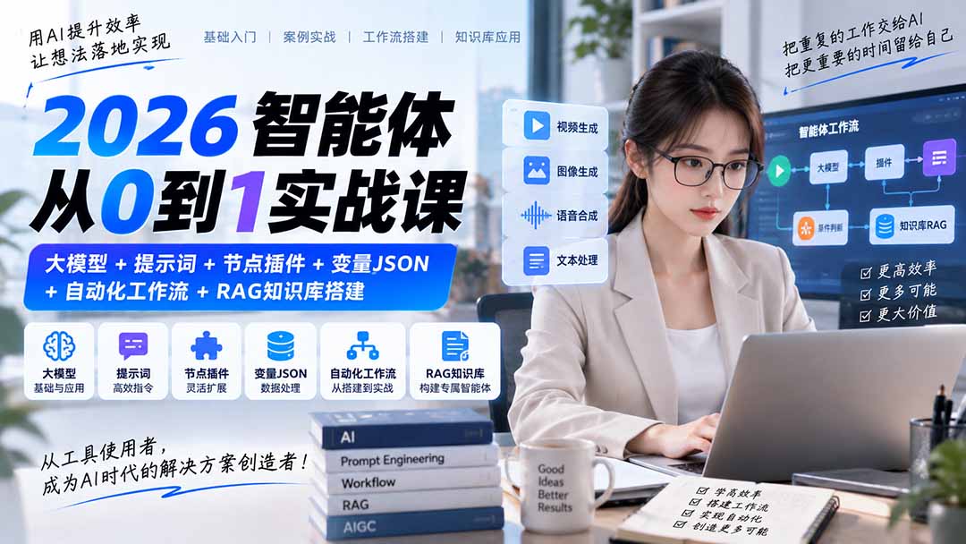 (20546期)2026智能体从0到1实战课|大模型+提示词+节点插件+变量JSON+自动化工作流+RAG知识库搭建插图1 (20546期)2026智能体从0到1实战课|大模型+提示词+节点插件+变量JSON+自动化工作流+RAG知识库搭建插图1