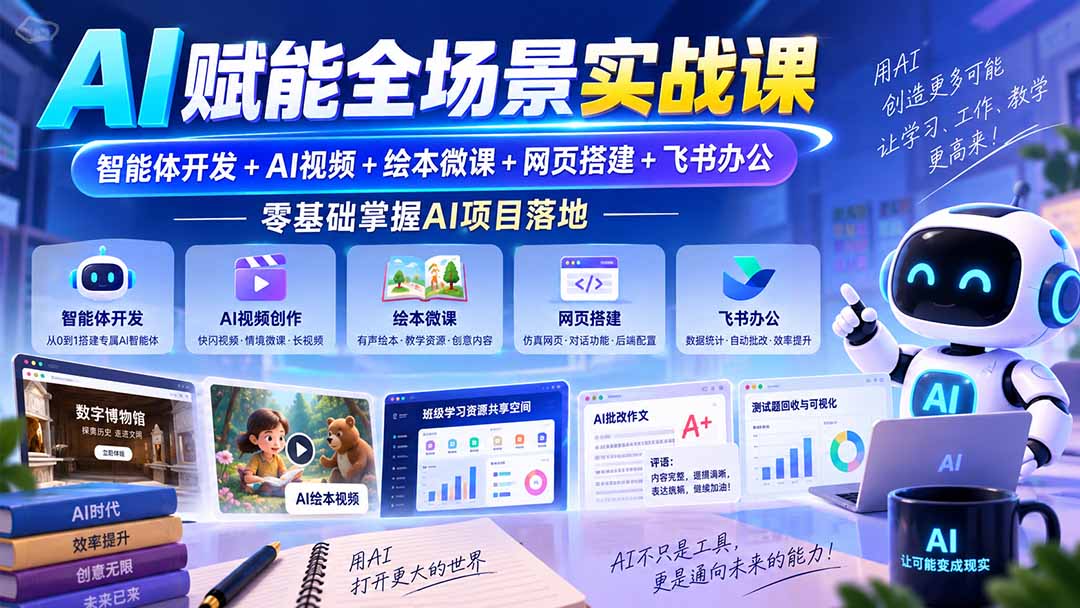 (20517期)AI赋能全场景实战课|智能体开发+AI视频+绘本微课+网页搭建+飞书办公,零基础掌握AI项目落地插图1 (20517期)AI赋能全场景实战课|智能体开发+AI视频+绘本微课+网页搭建+飞书办公,零基础掌握AI项目落地插图1