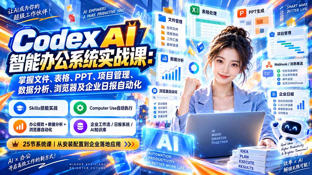 （20446期）Codex AI智能办公系统实战课：掌握文件、表格、PPT、项目管理、数据分析、浏览器及企业日报自动化