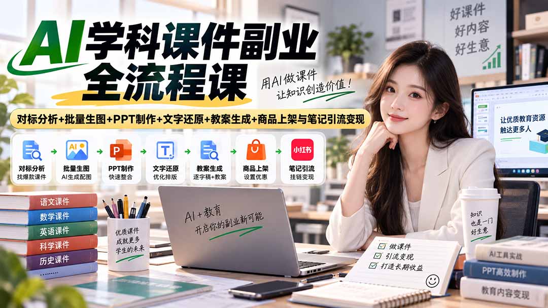 (20469期)AI学科课件副业全流程课|对标分析+批量生图+PPT制作+文字还原+教案生成+商品上架与笔记引流变现插图1 (20469期)AI学科课件副业全流程课|对标分析+批量生图+PPT制作+文字还原+教案生成+商品上架与笔记引流变现插图1