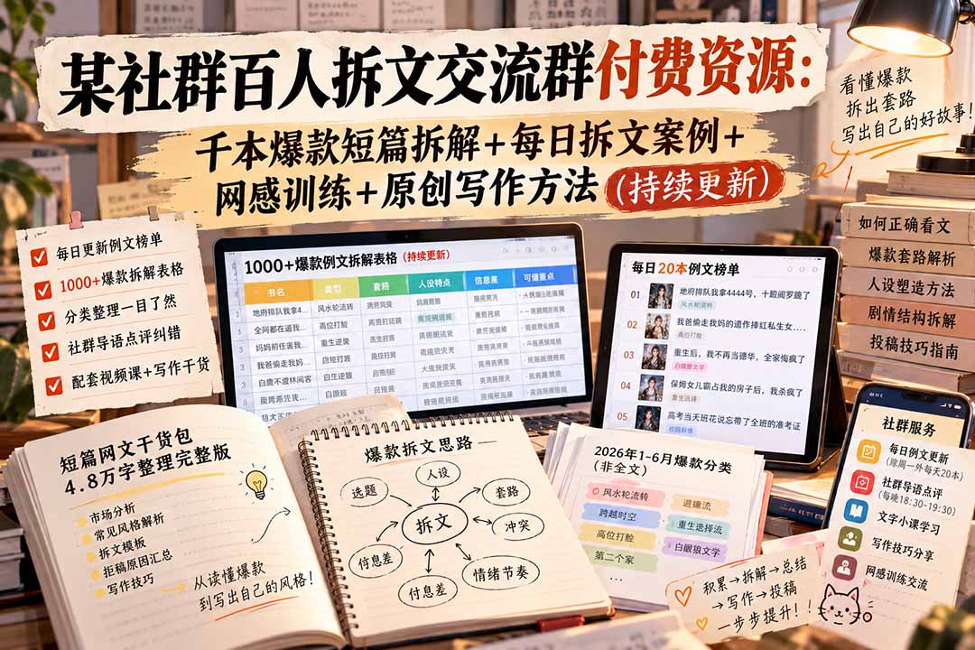 (20635期)某社群百人拆文交流群付费资源:千本爆款短篇拆解+每日拆文案例+网感训练+原创写作方法 (持续更新)插图1 (20635期)某社群百人拆文交流群付费资源:千本爆款短篇拆解+每日拆文案例+网感训练+原创写作方法 (持续更新)插图1