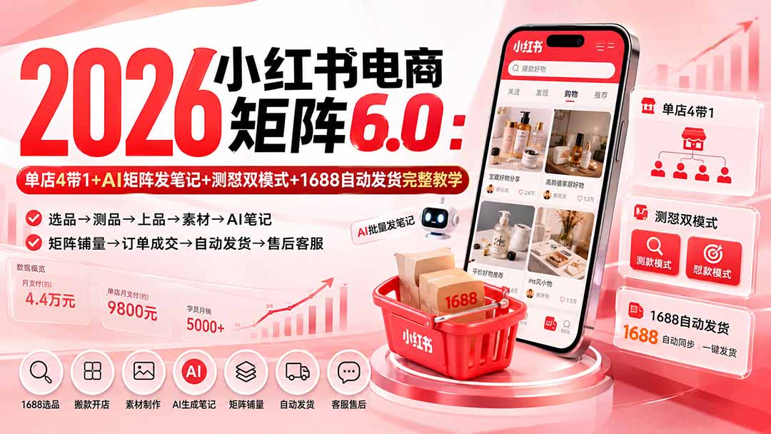 (20310期)2026小红书电商矩阵6.0:单店4带1+AI矩阵发笔记+测怼双模式+1688自动发货完整教学