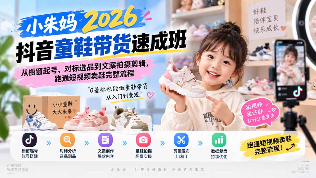 (20267期)小朱妈2026抖音童鞋带货速成班:从橱窗起号、对标选品到文案拍摄剪辑,跑通短视频卖鞋完整流程插图1 (20267期)小朱妈2026抖音童鞋带货速成班:从橱窗起号、对标选品到文案拍摄剪辑,跑通短视频卖鞋完整流程插图1