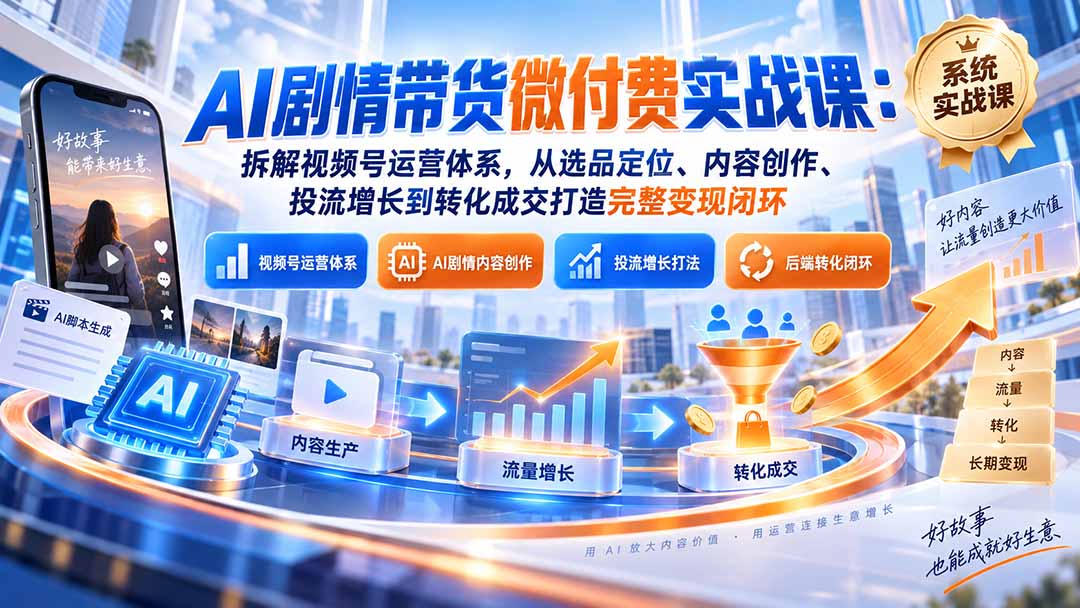 （20611期）AI剧情带货微付费实战课：拆解视频号运营体系，从选品定位、内容创作、投流增长到转化成交打造完整变现闭环插图1