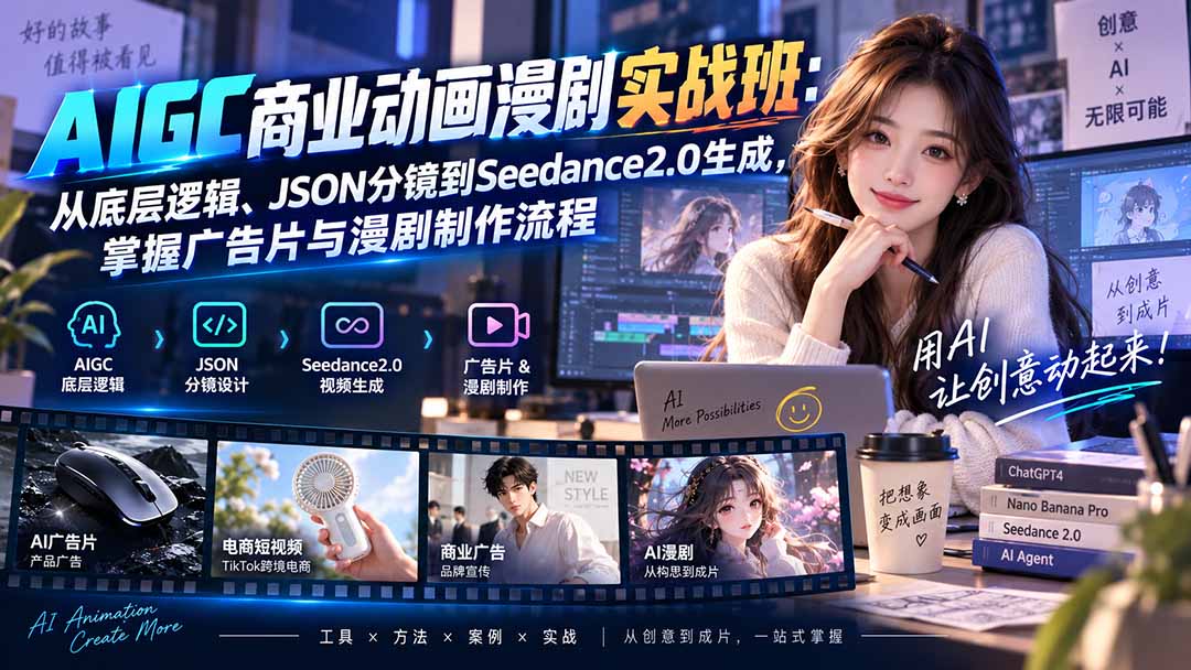 (20268期)AIGC商业动画漫剧实战班-更新:从底层逻辑、JSON分镜到Seedance2.0生成,掌握广告片与漫剧制作流程插图1 (20268期)AIGC商业动画漫剧实战班-更新:从底层逻辑、JSON分镜到Seedance2.0生成,掌握广告片与漫剧制作流程插图1