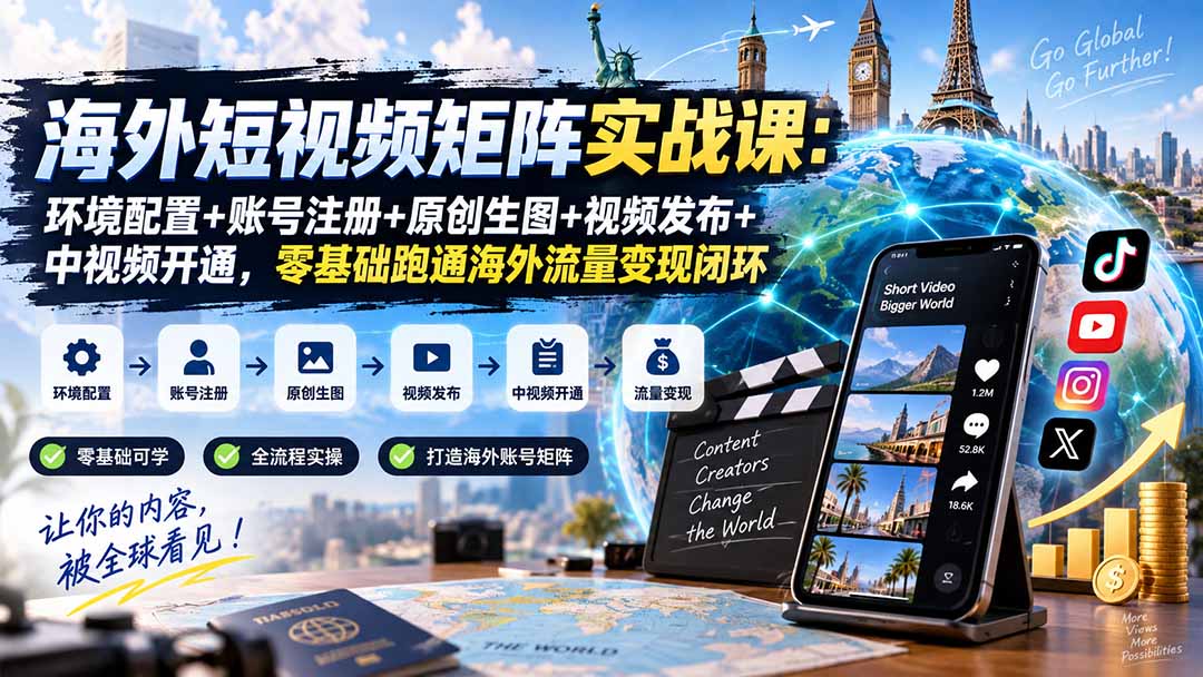 (20470期)海外短视频矩阵实战课:环境配置+账号注册+原创生图+视频发布+中视频开通,零基础跑通海外流量变现闭环