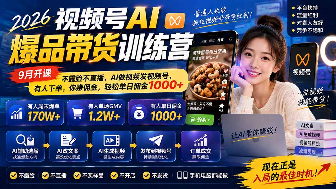 （20537期）2026视频号AI爆品带货训练营-9月开课｜不露脸不直播，AI做视频发视频号，有人下单，你赚佣金，轻松单日佣金1000+插图1