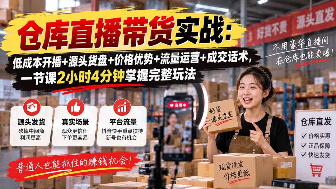 (20471期)仓库直播带货实战:低成本开播+源头货盘+价格优势+流量运营+成交话术,一节课2小时4分钟掌握完整玩法