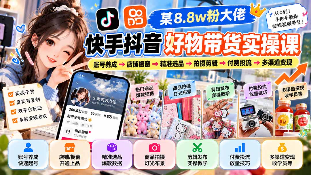 (20733期)某8.8w粉大佬快手抖音好物带货实操课:账号养成→店铺橱窗→精准选品→拍摄剪辑→付费投流→多渠道变现插图1 (20733期)某8.8w粉大佬快手抖音好物带货实操课:账号养成→店铺橱窗→精准选品→拍摄剪辑→付费投流→多渠道变现插图1