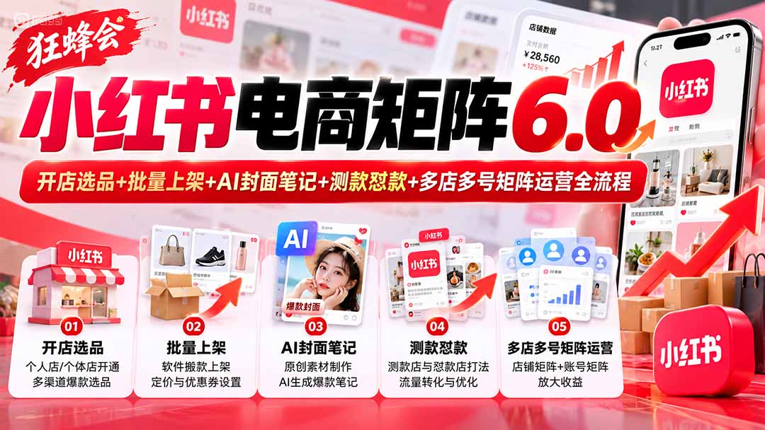 (20732期)【无水印】狂蜂会小红书电商矩阵6.0:开店选品+批量上架+AI封面笔记+测款怼款+多店多号矩阵运营全流程插图1 (20732期)【无水印】狂蜂会小红书电商矩阵6.0:开店选品+批量上架+AI封面笔记+测款怼款+多店多号矩阵运营全流程插图1