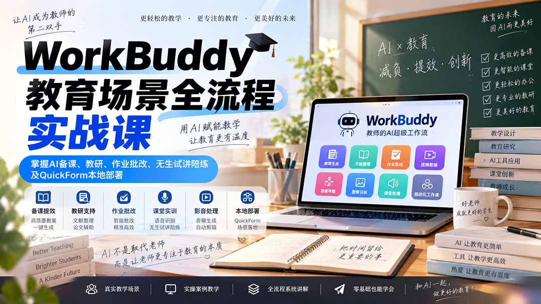 (20518期)WorkBuddy教育场景全流程实战课:掌握AI备课、教研、作业批改、无生试讲陪练及QuickForm本地部署