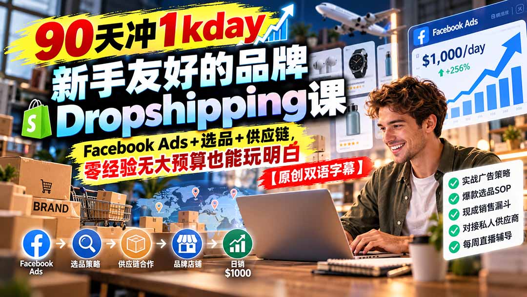 （20738期）90天冲1kday 新手友好的品牌Dropshipping课：Facebook Ads+选品+供应链，零经验无大预算也能玩明白【原创双语字幕】插图1