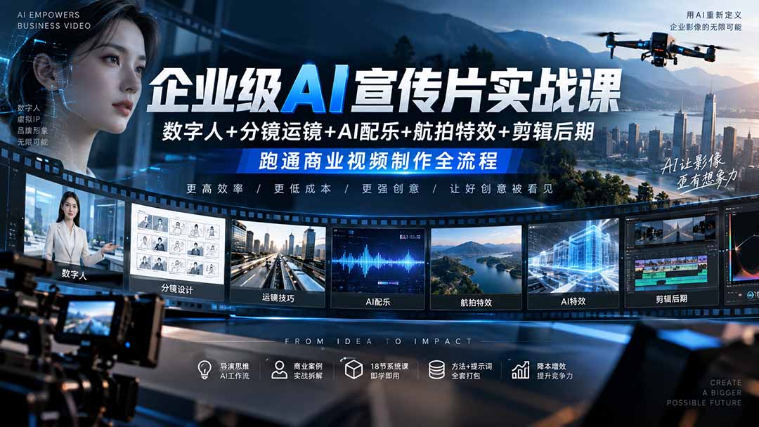 (20548期)企业级AI宣传片实战课|数字人+分镜运镜+AI配乐+航拍特效+剪辑后期,跑通商业视频制作全流程
