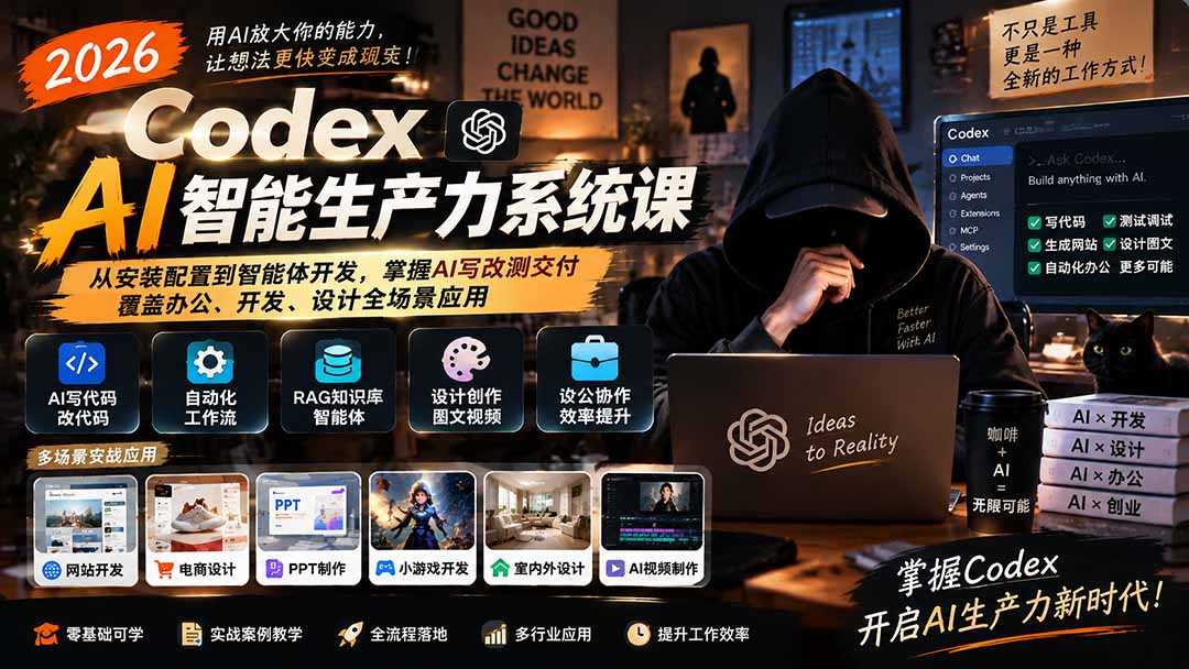 (20535期)2026 Codex AI智能生产力系统课-更新|从安装配置到智能体开发,掌握AI写改测交付,覆盖办公、开发、设计全场景应用插图1 (20535期)2026 Codex AI智能生产力系统课-更新|从安装配置到智能体开发,掌握AI写改测交付,覆盖办公、开发、设计全场景应用插图1
