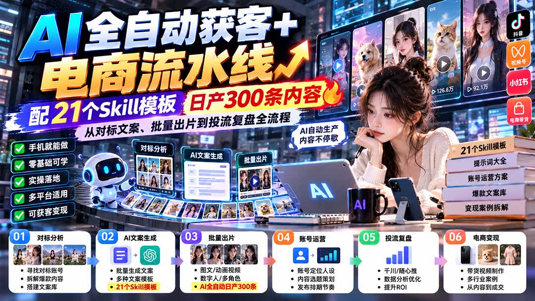 (20664期)AI全自动获客+电商流水线:配21个Skill模板,日产300条内容,从对标文案、批量出片到投流复盘全流程插图1 (20664期)AI全自动获客+电商流水线:配21个Skill模板,日产300条内容,从对标文案、批量出片到投流复盘全流程插图1