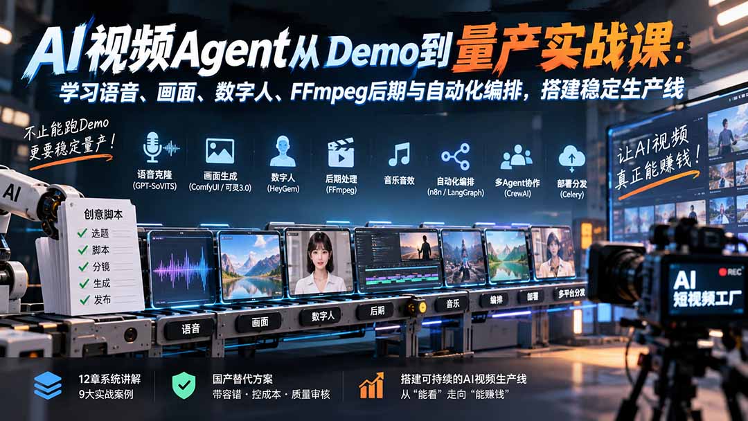 (20451期)AI视频Agent从Demo到量产实战课:学习语音、画面、数字人、FFmpeg后期与自动化编排,搭建稳定生产线插图1 (20451期)AI视频Agent从Demo到量产实战课:学习语音、画面、数字人、FFmpeg后期与自动化编排,搭建稳定生产线插图1