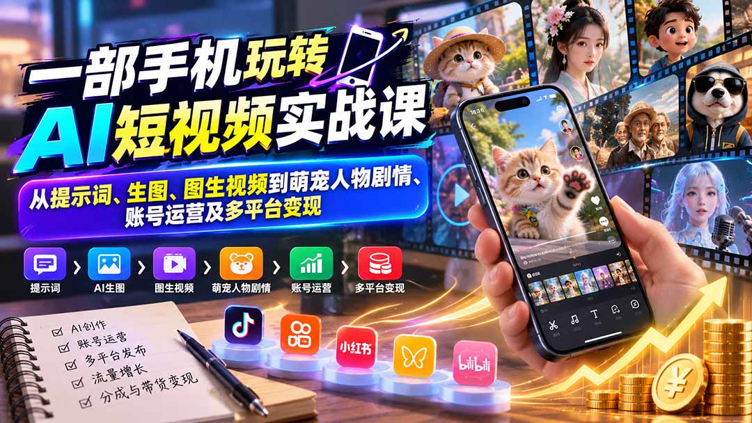 (20663期)一部手机玩转AI短视频实战课:从提示词、生图、图生视频到萌宠人物剧情、账号运营及多平台变现插图1 (20663期)一部手机玩转AI短视频实战课:从提示词、生图、图生视频到萌宠人物剧情、账号运营及多平台变现插图1