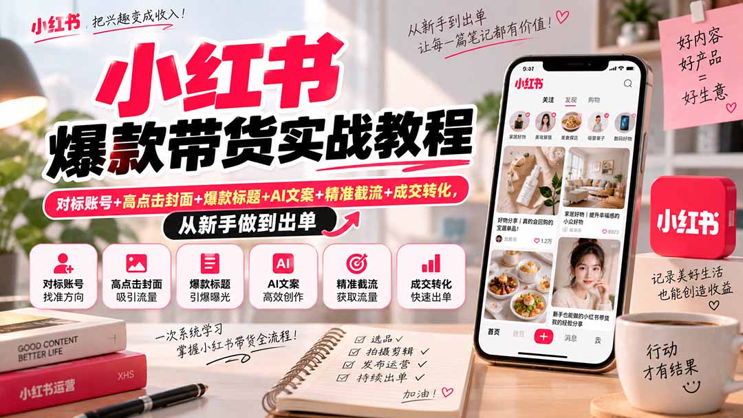 (20473期)小红书爆款带货实战教程|对标账号+高点击封面+爆款标题+AI文案+精准截流+成交转化,从新手做到出单