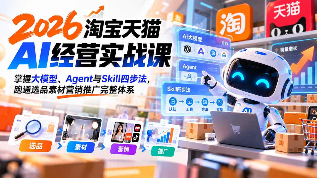 (20676期)【无水印】2026淘宝天猫AI经营实战课:掌握大模型、Agent与Skill四步法,跑通选品素材营销推广完整体系插图1 (20676期)【无水印】2026淘宝天猫AI经营实战课:掌握大模型、Agent与Skill四步法,跑通选品素材营销推广完整体系插图1