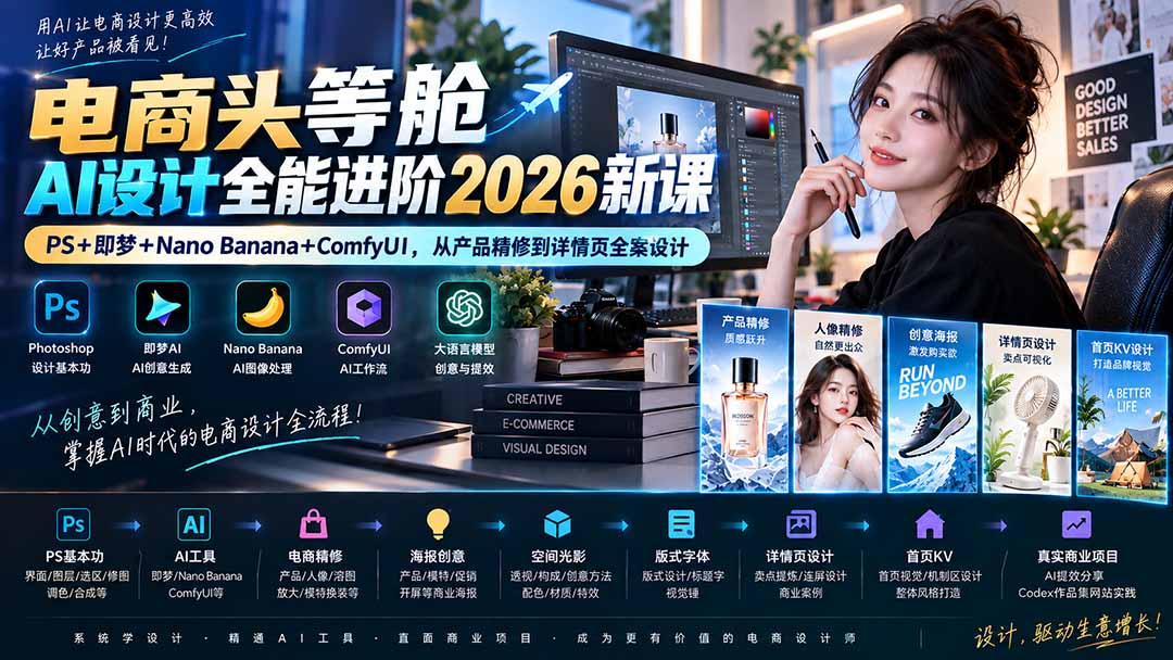 (20284期)电商头等舱AI设计全能进阶2026新课:PS+即梦+Nano Banana+ComfyUI,从产品精修到详情页全案设计插图1 (20284期)电商头等舱AI设计全能进阶2026新课:PS+即梦+Nano Banana+ComfyUI,从产品精修到详情页全案设计插图1