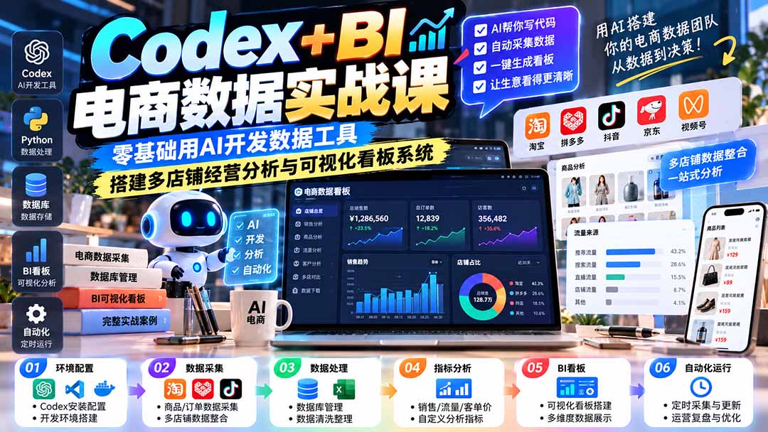 （20665期）Codex+BI电商数据实战课：零基础用AI开发数据工具，搭建多店铺经营分析与可视化看板系统