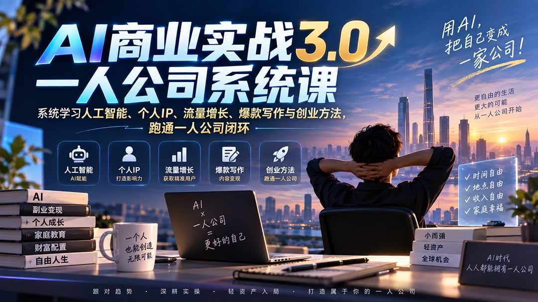 (20249期)AI商业实战3.0一人公司系统课:系统学习人工智能、个人IP、流量增长、爆款写作与创业方法,跑通一人公司闭环插图1 (20249期)AI商业实战3.0一人公司系统课:系统学习人工智能、个人IP、流量增长、爆款写作与创业方法,跑通一人公司闭环插图1