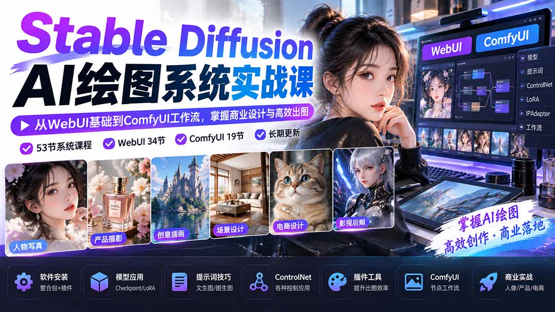 (20678期)Stable Diffusion AI绘图系统实战课:从WebUI基础到ComfyUI工作流,掌握商业设计与高效出图插图1 (20678期)Stable Diffusion AI绘图系统实战课:从WebUI基础到ComfyUI工作流,掌握商业设计与高效出图插图1