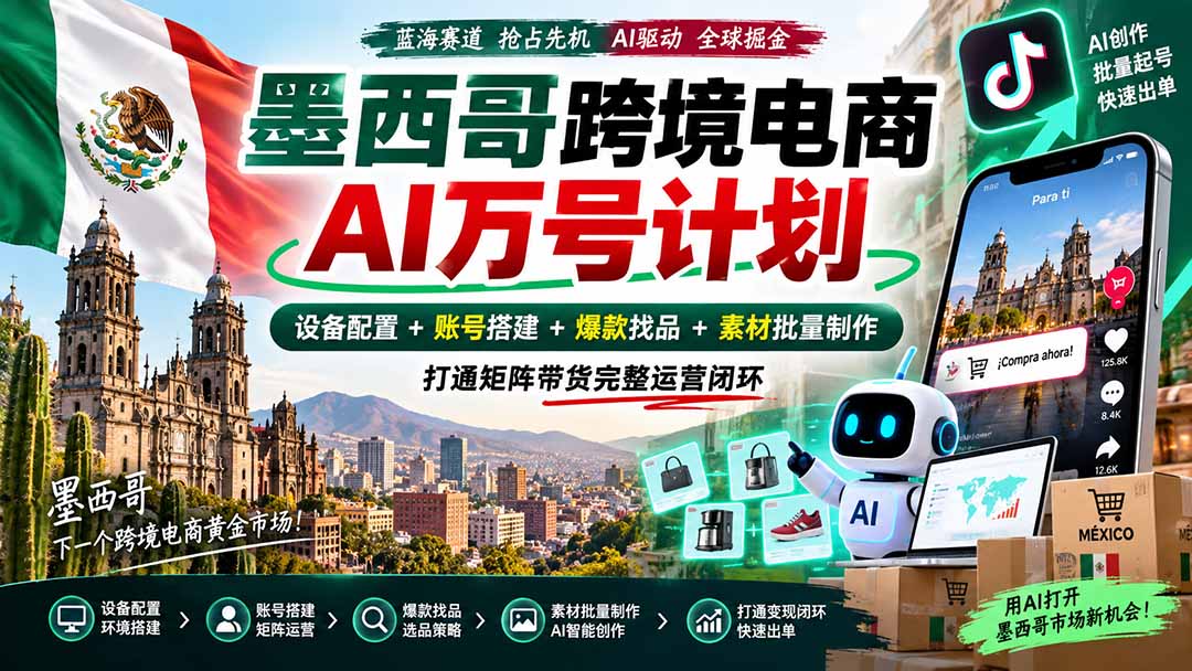 (20500期)墨西哥AI跨境电商万号计划|设备配置+账号搭建+爆款找品+素材批量制作,打通矩阵带货完整运营闭环插图1 (20500期)墨西哥AI跨境电商万号计划|设备配置+账号搭建+爆款找品+素材批量制作,打通矩阵带货完整运营闭环插图1
