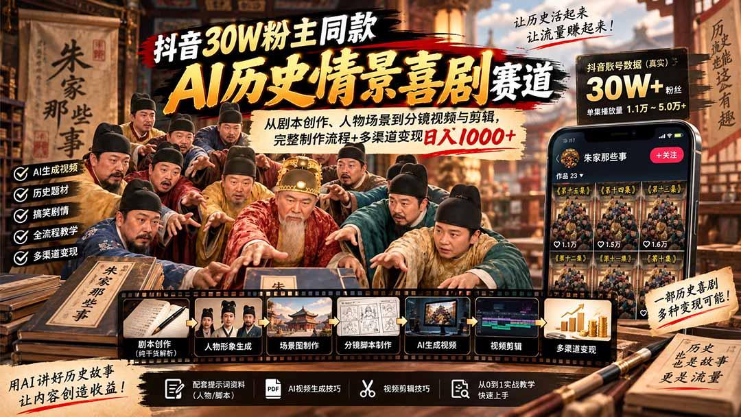 (20613期)抖音30W粉博主同款AI历史情景喜剧赛道:从剧本创作、人物场景到分镜视频与剪辑,完整制作流程+多渠道变现日入1000+插图1 (20613期)抖音30W粉博主同款AI历史情景喜剧赛道:从剧本创作、人物场景到分镜视频与剪辑,完整制作流程+多渠道变现日入1000+插图1