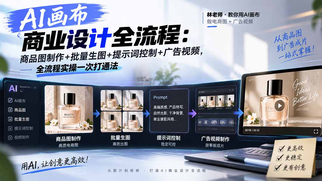 (20576期)AI画布商业设计全流程:商品图制作+批量生图+提示词控制+广告视频,全流程实操一次打通法插图1 (20576期)AI画布商业设计全流程:商品图制作+批量生图+提示词控制+广告视频,全流程实操一次打通法插图1