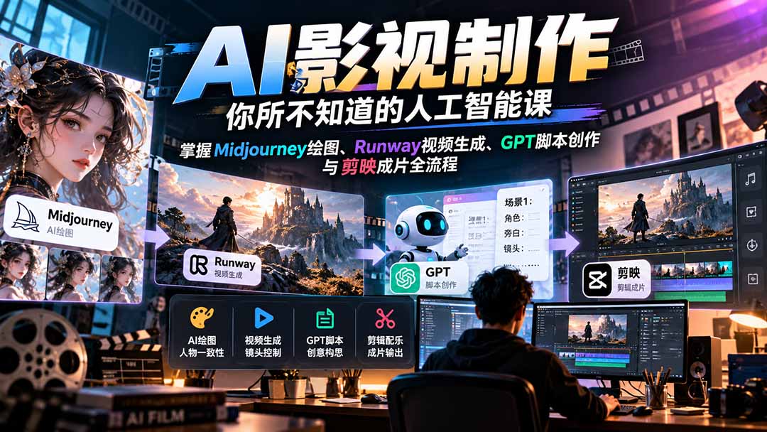 (20681期)AI影视制作-你所不知道的人工智能课,掌握Midjourney绘图、Runway视频生成、GPT脚本创作与剪映成片全流程