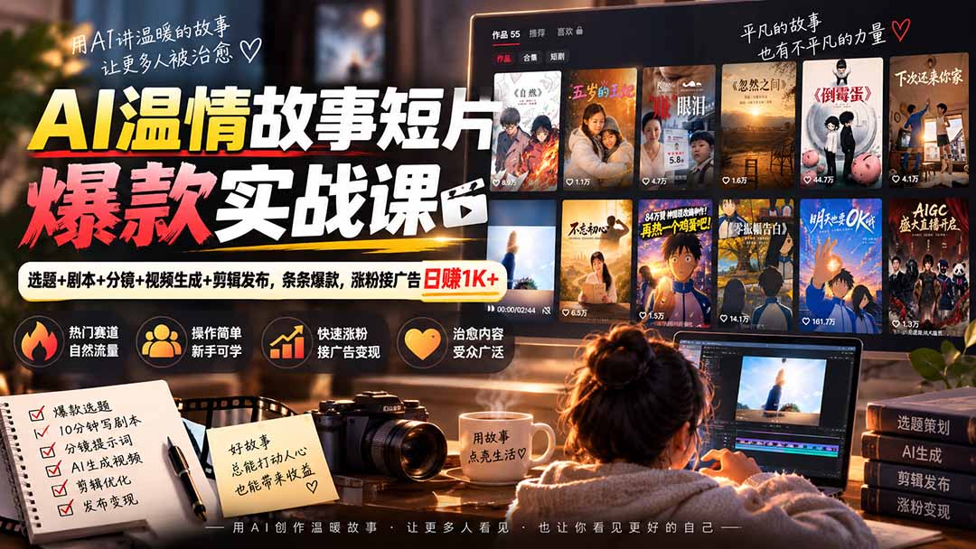 (20477期)AI温情故事短片爆款实战课-更新|选题+剧本+分镜+视频生成+剪辑发布,条条爆款,涨粉接广告日赚1K+