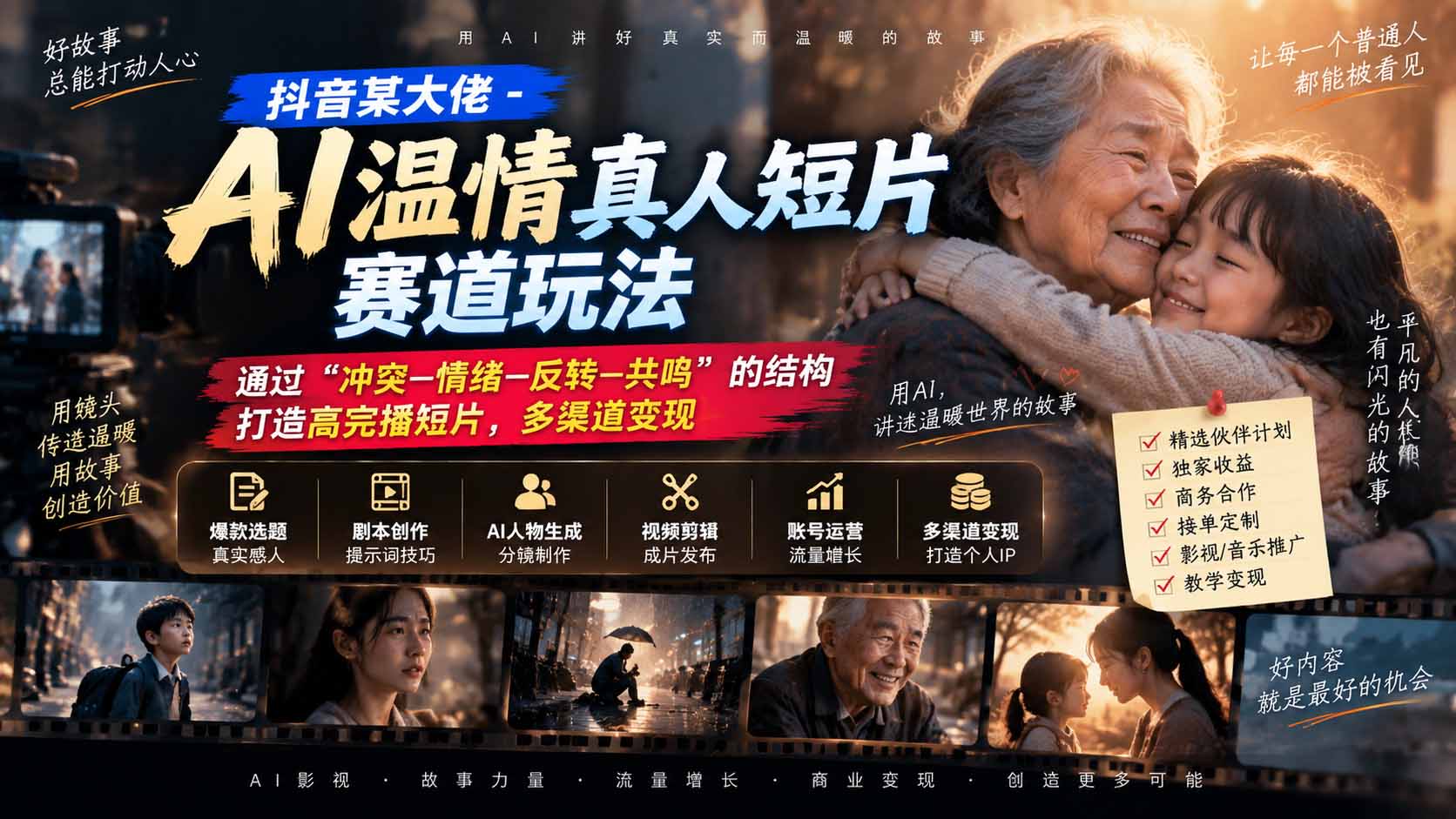 (20538期)抖音某大佬-AI温情真人短片赛道玩法:通过“冲突—情绪—反转—共鸣”的结构打造高完播短片,多渠道变现插图1 (20538期)抖音某大佬-AI温情真人短片赛道玩法:通过“冲突—情绪—反转—共鸣”的结构打造高完播短片,多渠道变现插图1