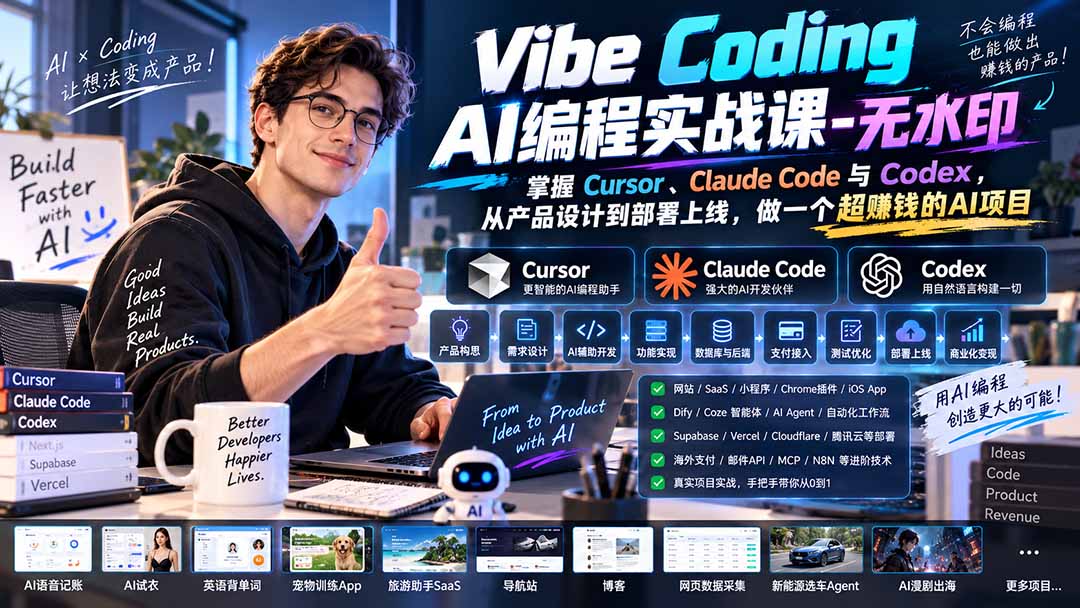 （20431期）Vibe Coding AI编程实战课-无水印：掌握Cursor、Claude Code与Codex，从产品设计到部署上线，做一个超赚钱的AI项目插图1