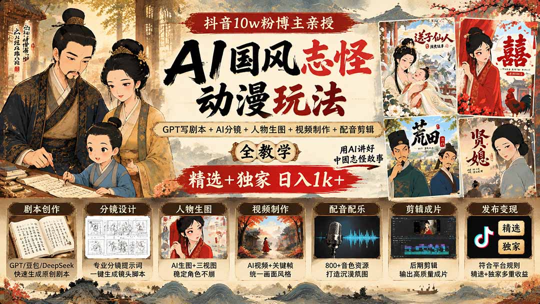 (20538期)抖音10w粉博主亲授AI国风志怪动漫玩法|GPT写剧本+AI分镜+人物生图+视频制作+配音剪辑全教学|精选+独家日入1k+插图1 (20538期)抖音10w粉博主亲授AI国风志怪动漫玩法|GPT写剧本+AI分镜+人物生图+视频制作+配音剪辑全教学|精选+独家日入1k+插图1