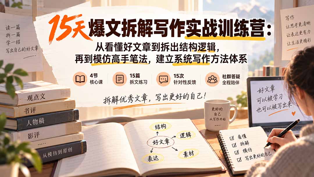 (20271期)15天爆文拆解写作实战训练营:从看懂好文章到拆出结构逻辑,再到模仿高手笔法,建立系统写作方法体系插图1 (20271期)15天爆文拆解写作实战训练营:从看懂好文章到拆出结构逻辑,再到模仿高手笔法,建立系统写作方法体系插图1
