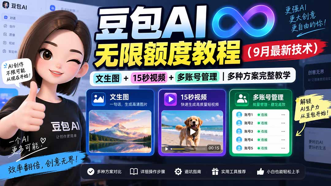(20288期)豆包AI无限额度教程(9月最新技术)|文生图+15秒视频+多账号管理|多种方案完整教学插图1 (20288期)豆包AI无限额度教程(9月最新技术)|文生图+15秒视频+多账号管理|多种方案完整教学插图1