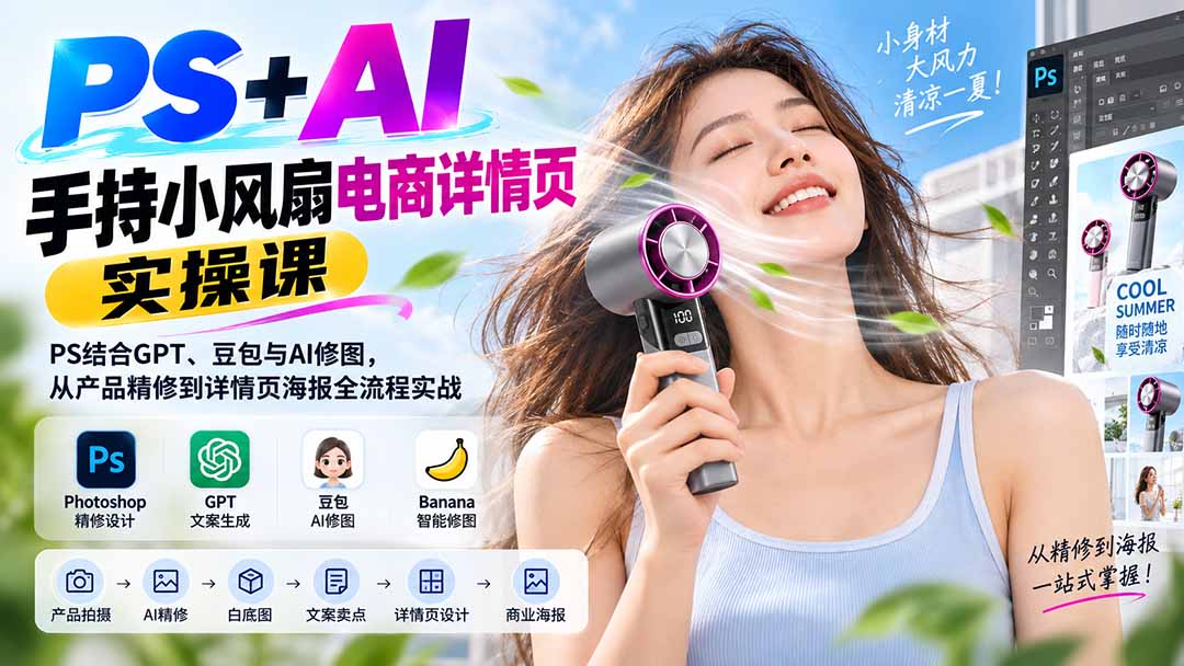 (20273期)PS+AI手持小风扇电商详情页实操课:PS结合GPT、豆包与AI修图,从产品精修到详情页海报全流程实战插图1 (20273期)PS+AI手持小风扇电商详情页实操课:PS结合GPT、豆包与AI修图,从产品精修到详情页海报全流程实战插图1