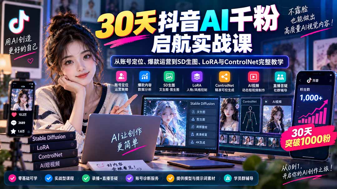 (20291期)30天抖音AI千粉启航实战课:从账号定位、爆款运营到SD生图、LoRA与ControlNet完整教学插图1 (20291期)30天抖音AI千粉启航实战课:从账号定位、爆款运营到SD生图、LoRA与ControlNet完整教学插图1