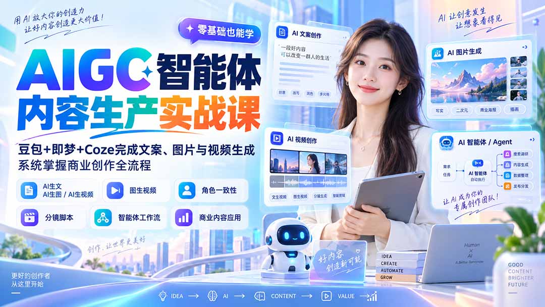 (20372期)AIGC智能体内容生产实战课:豆包+即梦+Coze完成文案、图片与视频生成,系统掌握商业创作全流程插图1 (20372期)AIGC智能体内容生产实战课:豆包+即梦+Coze完成文案、图片与视频生成,系统掌握商业创作全流程插图1