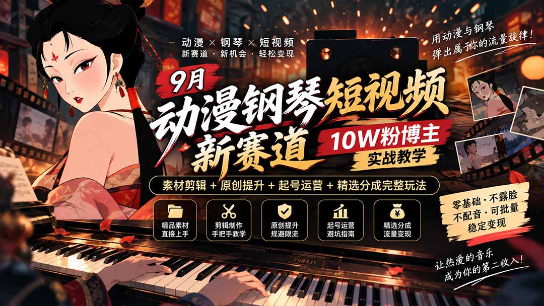(20506期)9月动漫钢琴短视频新赛道|10W粉博主实战教学,素材剪辑+原创提升+起号运营+精选分成完整玩法