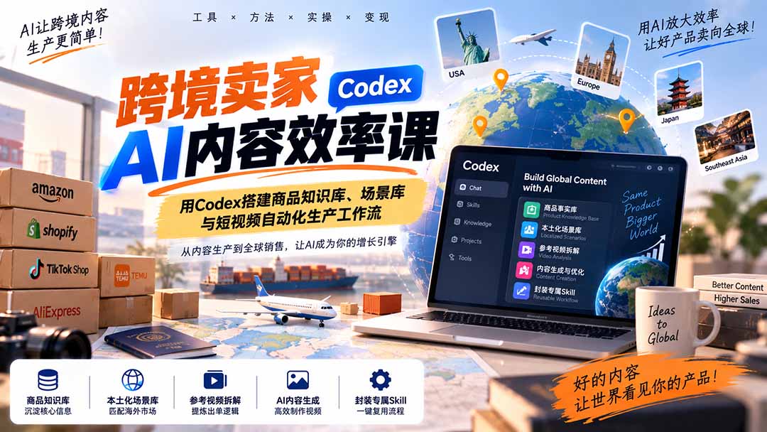 (20595期)跨境卖家AI内容效率课:用Codex搭建商品知识库、场景库与短视频自动化生产工作流插图1 (20595期)跨境卖家AI内容效率课:用Codex搭建商品知识库、场景库与短视频自动化生产工作流插图1