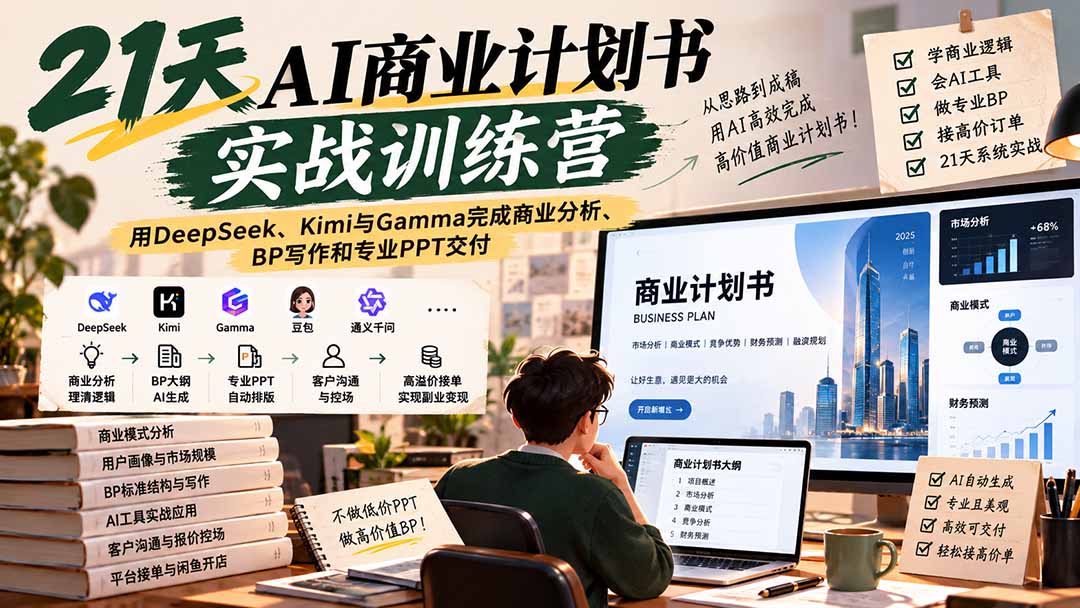 （20637期）【无水印】21天AI商业计划书实战训练营：用DeepSeek、Kimi与Gamma完成商业分析、BP写作和专业PPT交付插图1