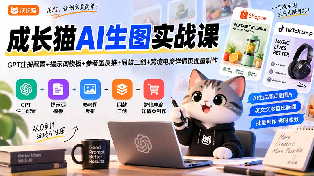 （20482期）成长猫AI生图实战课｜GPT注册配置+提示词模板+参考图反推+同款二创+跨境电商详情页批量制作