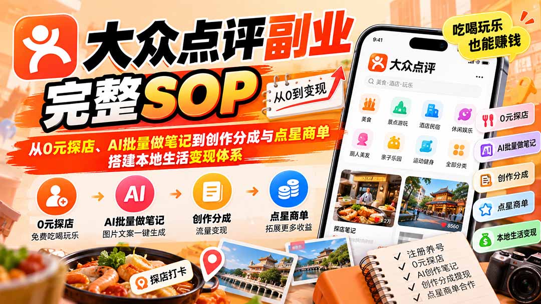 (20638期)【无水印】大众点评副业完整SOP:从0元探店、AI批量做笔记到创作分成与点星商单,搭建本地生活变现体系插图1 (20638期)【无水印】大众点评副业完整SOP:从0元探店、AI批量做笔记到创作分成与点星商单,搭建本地生活变现体系插图1