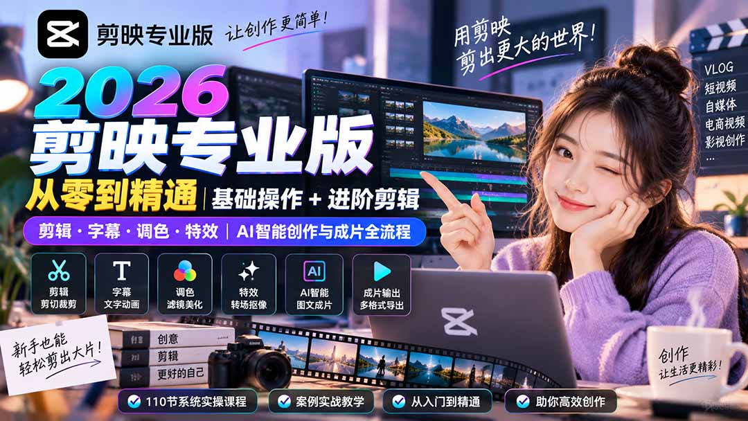 (20276期)2026剪映专业版从零到精通|基础操作+进阶剪辑|剪辑·字幕·调色·特效|AI智能创作与成片全流程插图1 (20276期)2026剪映专业版从零到精通|基础操作+进阶剪辑|剪辑·字幕·调色·特效|AI智能创作与成片全流程插图1
