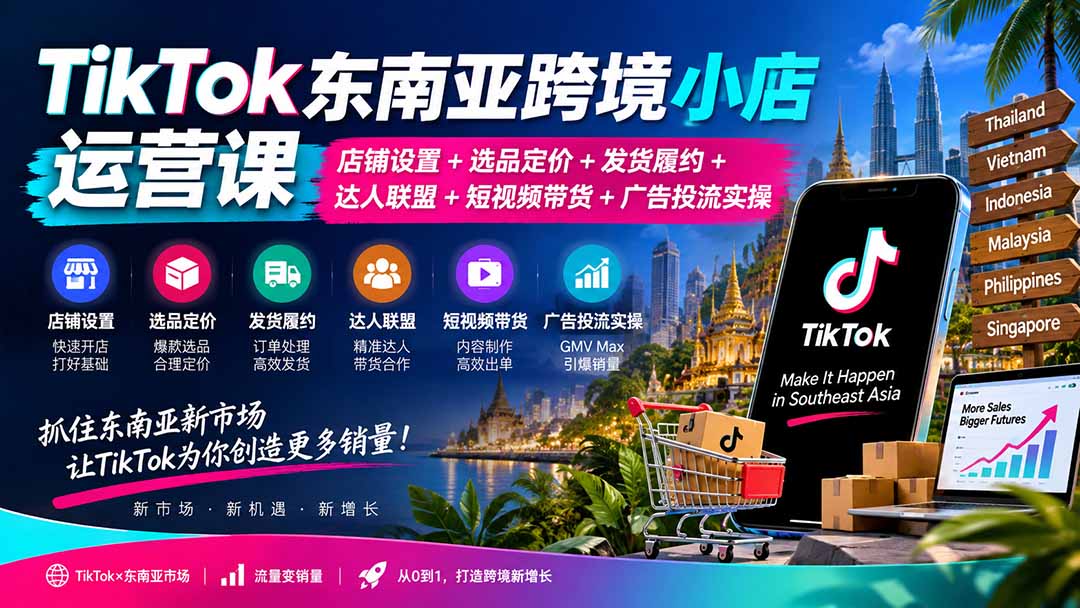 (20483期)TikTok东南亚跨境小店运营课:店铺设置+选品定价+发货履约+达人联盟+短视频带货+广告投流实操