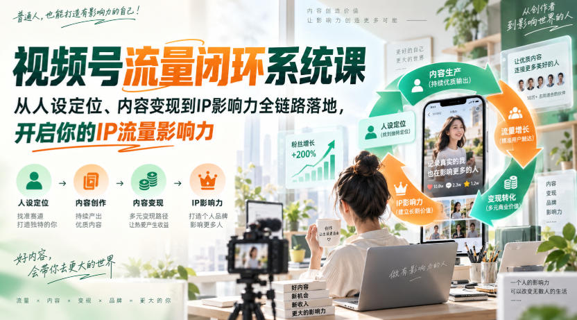 视频号流量闭环系统课,从人设定位、内容变现到IP影响力全链路落地,开启你的IP流量影响力