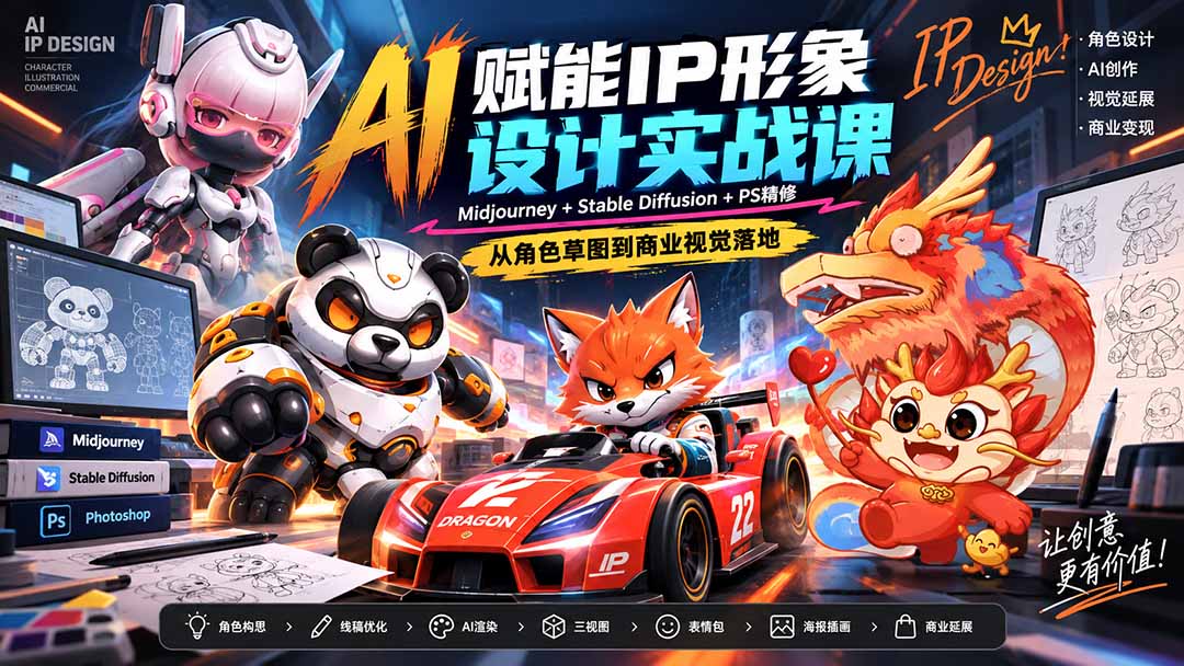 （20552期）AI赋能IP形象设计实战课-无水印：Midjourney+Stable Diffusion+PS精修，从角色草图到商业视觉落地插图1