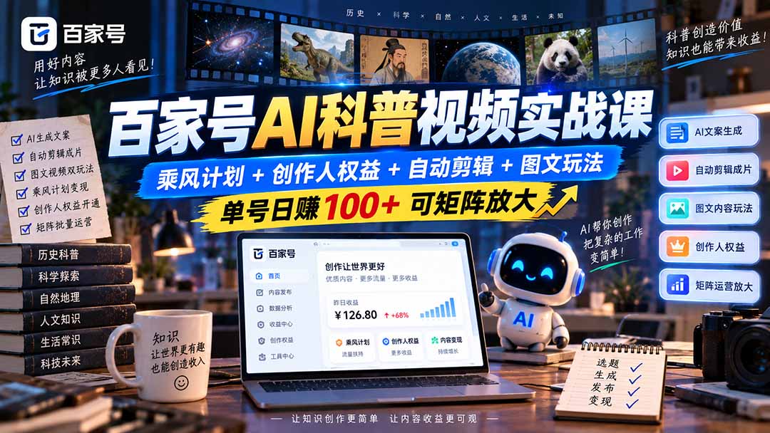 (20579期)百家号AI科普视频实战课:乘风计划+创作人权益+自动剪辑+图文玩法,单号日赚100+可矩阵放大插图1 (20579期)百家号AI科普视频实战课:乘风计划+创作人权益+自动剪辑+图文玩法,单号日赚100+可矩阵放大插图1